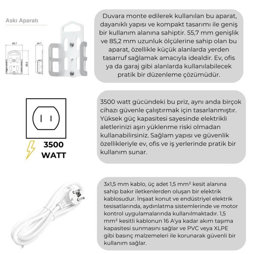 Viko Dörtlü Çoklu Priz, Anahtarlı, Uzatma Kablosu, 4lü, 5m, Beyaz - 3