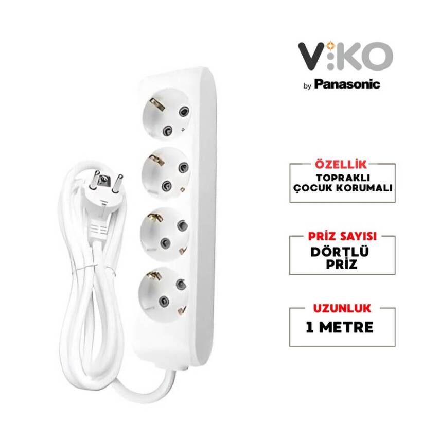 Viko Dörtlü Çoklu Priz, Topraklı, Uzatma Kablosu, 4lü, 1m, Beyaz - 2