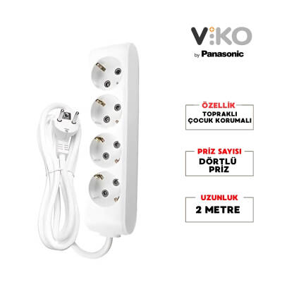 Viko Dörtlü Çoklu Priz – Topraklı, Uzatma Kablosu, 4lü, 2m, Beyaz - 2