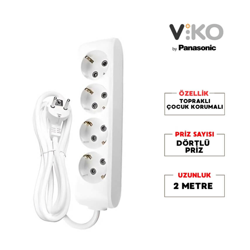 Viko Dörtlü Çoklu Priz – Topraklı, Uzatma Kablosu, 4lü, 2m, Beyaz - 2
