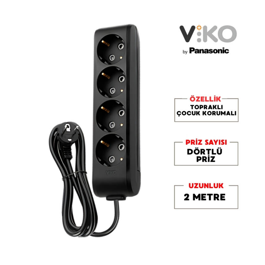 Viko Dörtlü Çoklu Priz – Topraklı, Uzatma Kablosu, 4lü, 2m, Siyah - 2