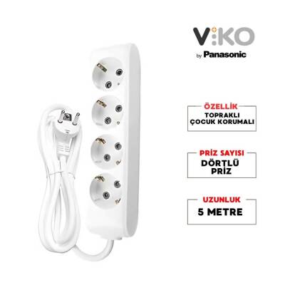 Viko Dörtlü Çoklu Priz, Topraklı, Uzatma Kablosu, 4lü, 5m, Beyaz - 2