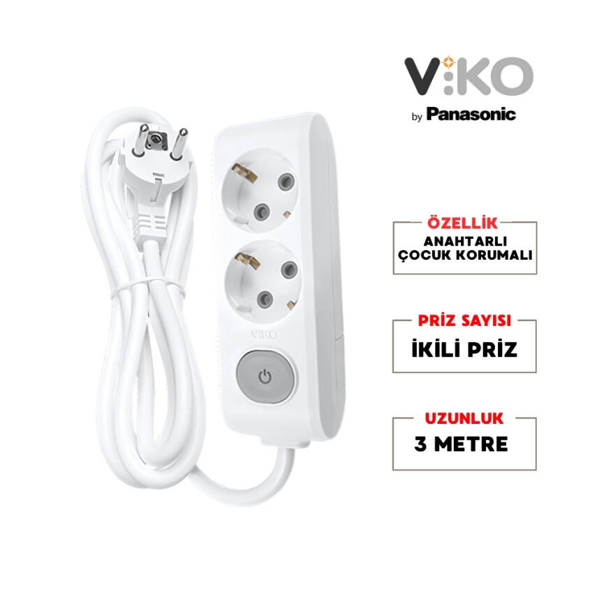 Viko İkili Çoklu Priz – Anahtarlı Topraklı, Uzatma Kablosu, 2li, 3m, Beyaz - 2