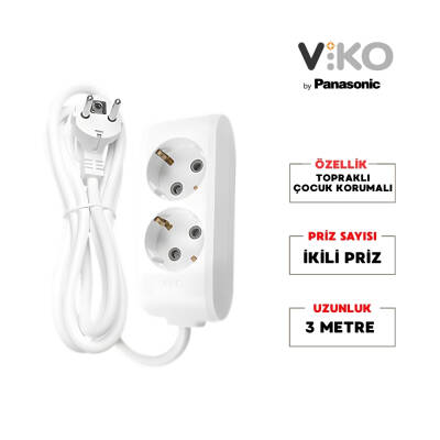 Viko İkili Çoklu Priz – Topraklı, Uzatma Kablosu, 2li, 3m, Beyaz - 2