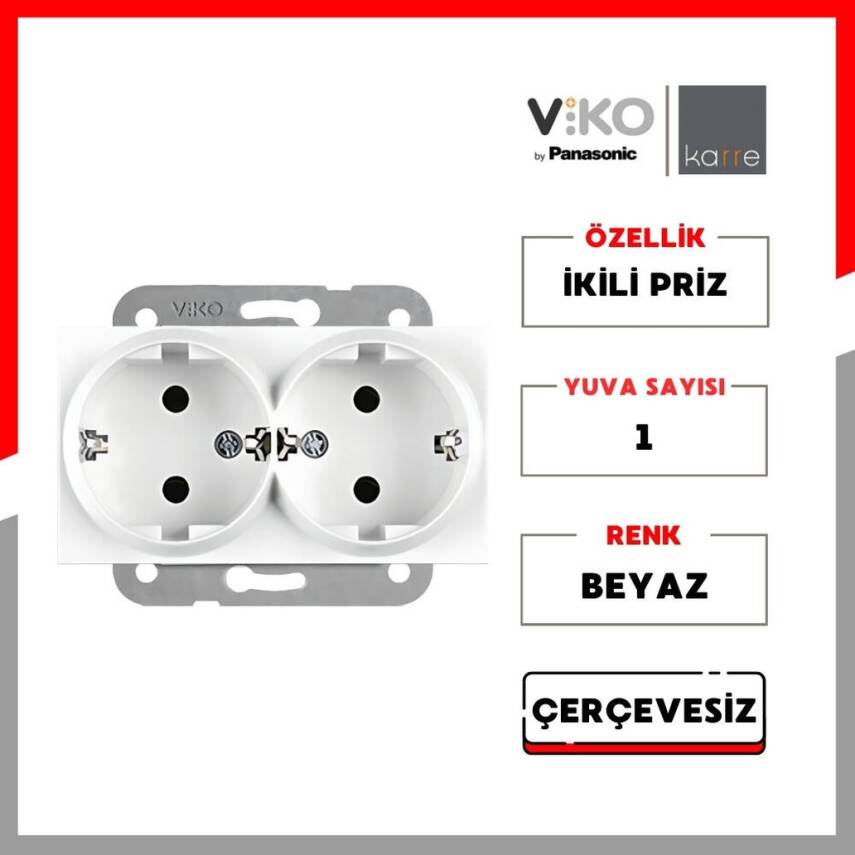 Viko Karre İkili Priz, Çerçevesiz, Şık ve Dayanıklı Tasarım, Beyaz - 2