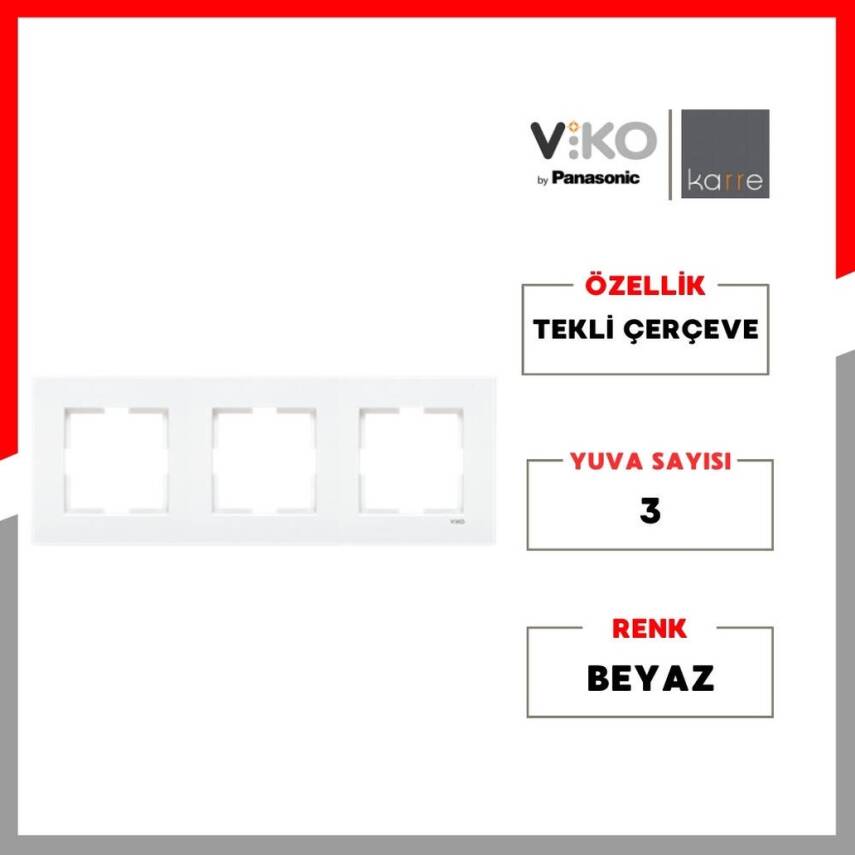 Viko Karre Priz Çerçeve, Üçlü, Yatay, Şık ve Dayanıklı Tasarım, Beyaz - 2