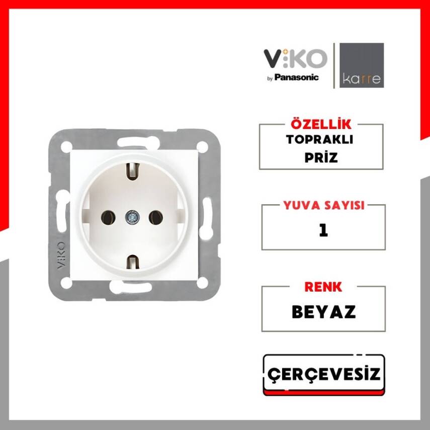 Viko Karre Priz, Topraklı, Çerçevesiz, Şık ve Dayanıklı Tasarım, Beyaz - 2