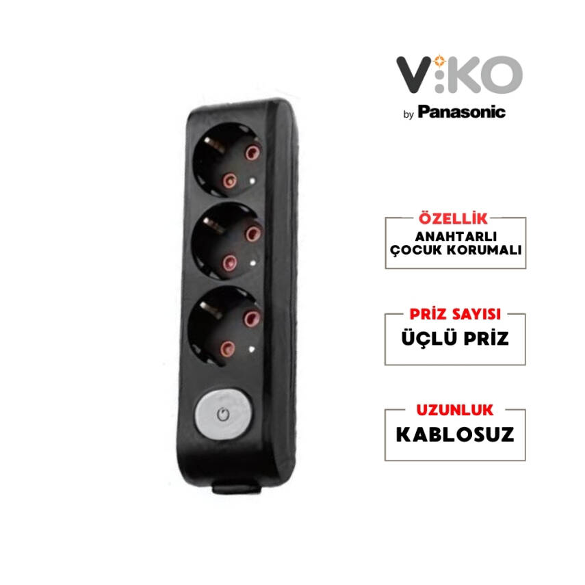 Viko Üçlü Çoklu Priz – Anahtarlı Topraklı, Çoçuk Korumalı, Kablosuz, Siyah - 2
