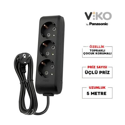 Viko Üçlü Çoklu Priz, Topraklı, Uzatma Kablosu, 3lü, 5m, Siyah - 2