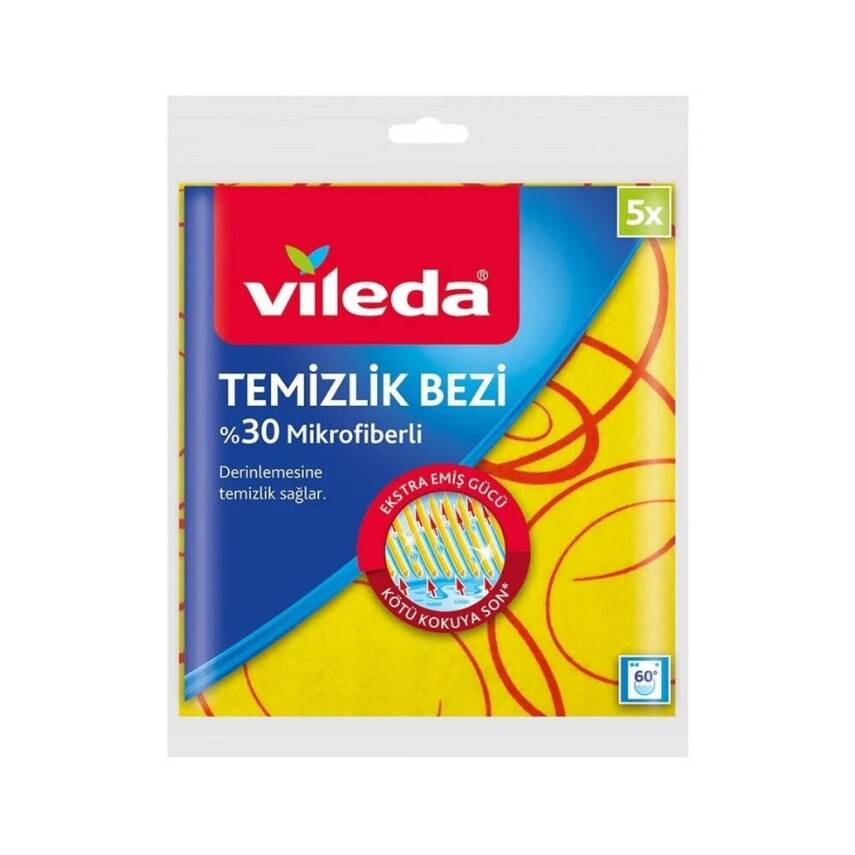 Vileda Temizlik Bezi, Sarı Renk, %30 Mikrofiberli, 5'li Paket - 1