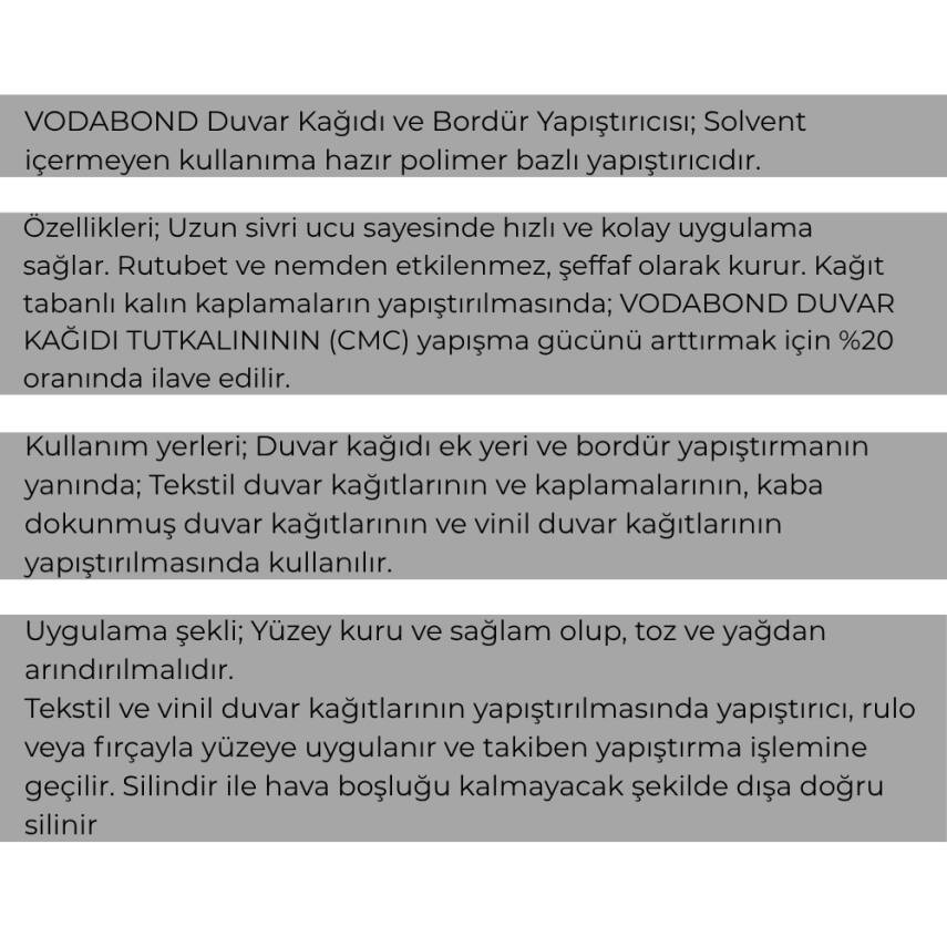 Vodabond Duvar Kağıdı ve Bordür Yapıştırıcısı, 200 gr, Solvent İçermez - 2