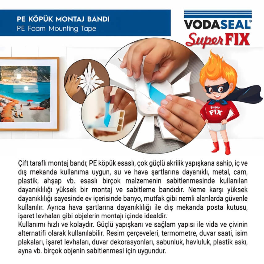 Vodaseal Çift Taraflı Montaj Bandı, 20 mm, 3 m, Güçlü Yapışkan - 2