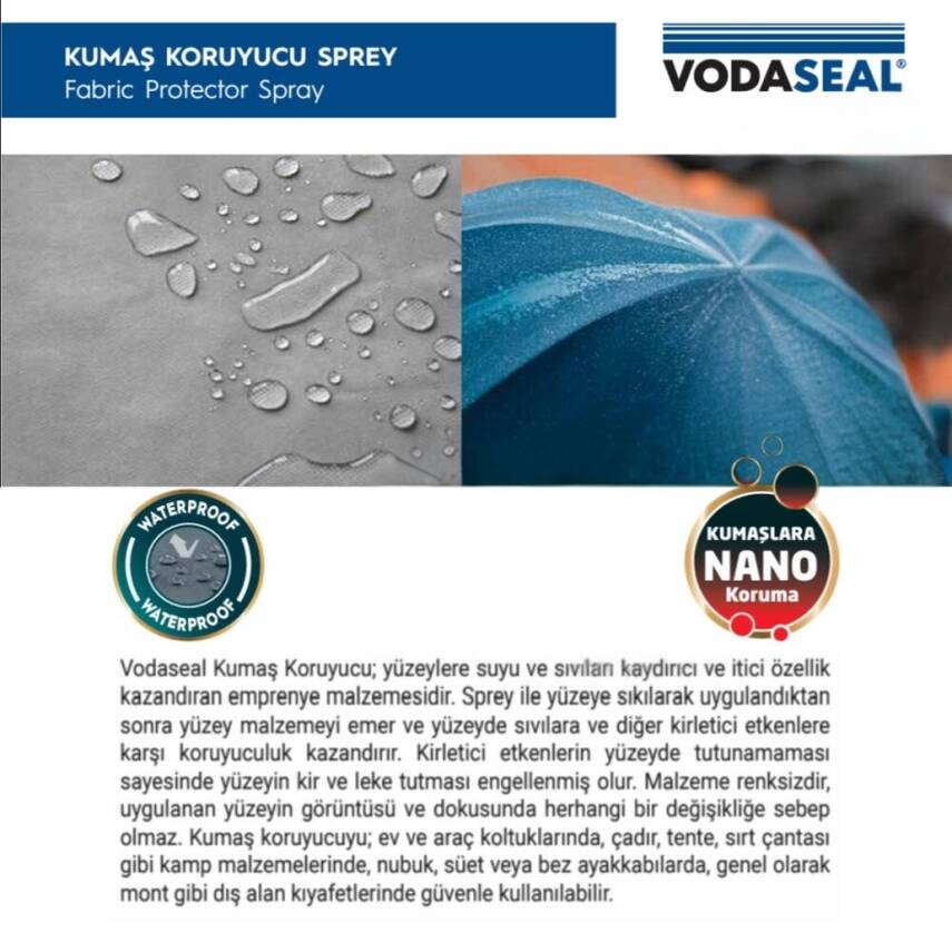 Vodaseal Kumaş Koruyucu Sprey, Su Kaydırma Özellikli, 200ml, Dayanıklı - 3