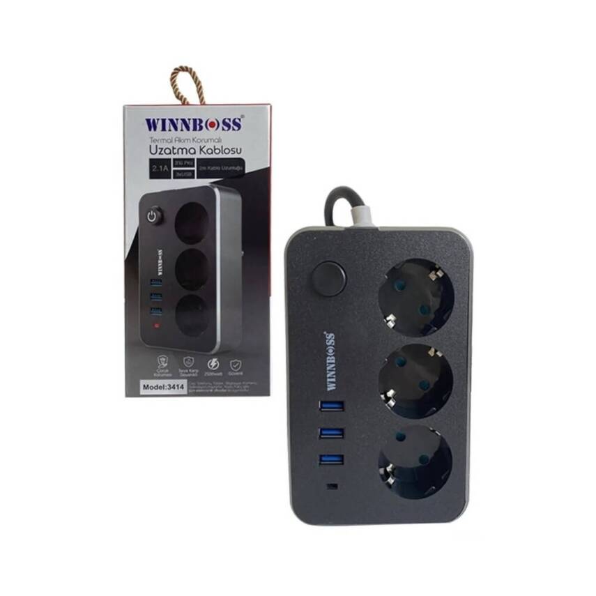 Winnboss Üçlü Termal Akım Korumalı Grup Priz, 2 m, 3 x USB, Anahtarlı - 1