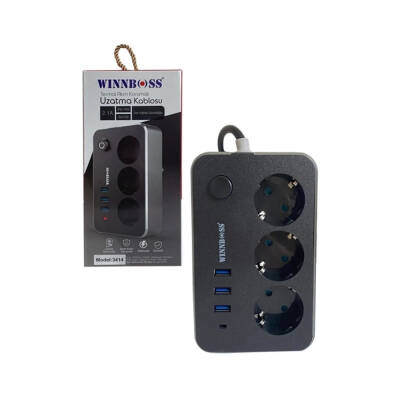 Winnboss Üçlü Termal Akım Korumalı Grup Priz, 2 m, 3 x USB, Anahtarlı - Winnboss