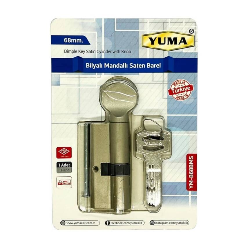YUMA Kilit Göbeği, Mandallı Bilyalı Çelik Kapı Kilidi, 68 mm, Nikel - 1
