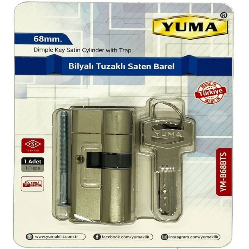 YUMA Kilit Göbeği, Tuzaklı Bilyalı Çelik Kapı Kilidi, 68 mm, Nikel - 1